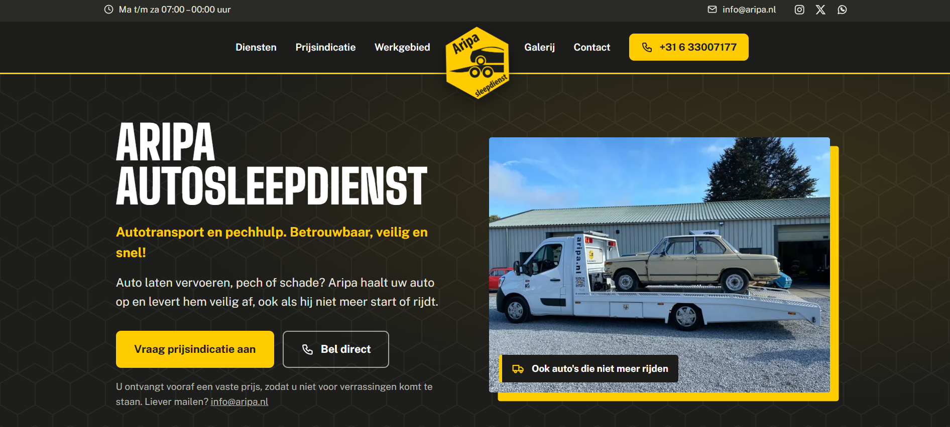 Voorbeeld van de website Aripa Autosleepdienst