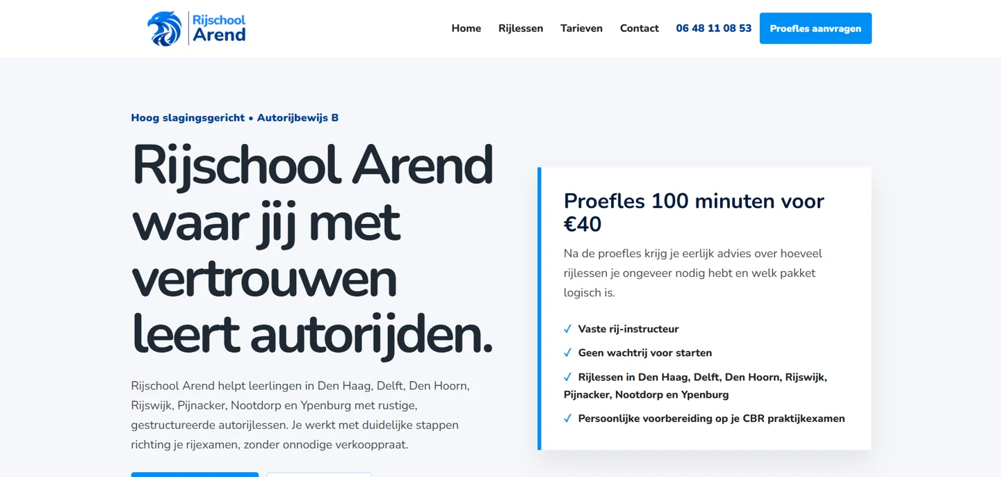 Voorbeeld van de website Rijschool Arend